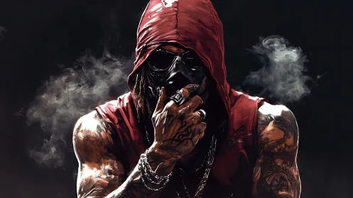 Hooded masked antihero broods amid swirling smoke and shadow.