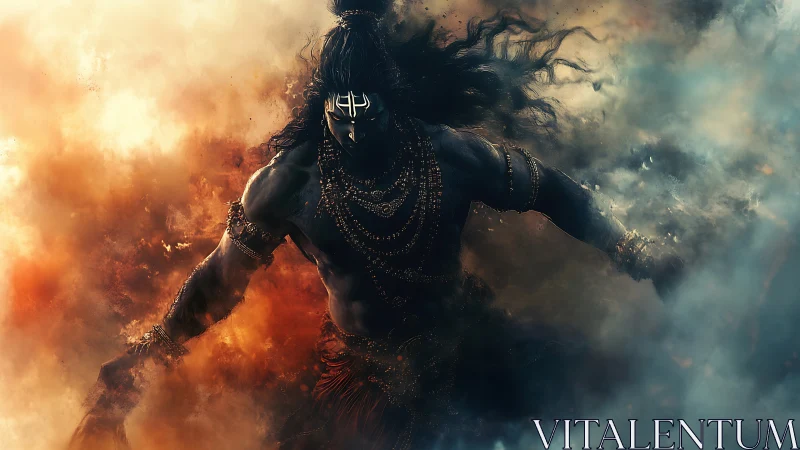 Fierce warrior strides through swirling fire and smoke with power