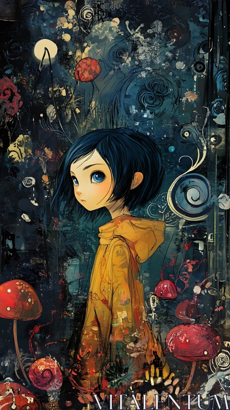 Curious blue haired girl explores a dreamlike forest night