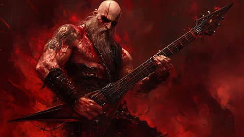 Blazing metal guitarist unleashing raw, fiery energy onstage.