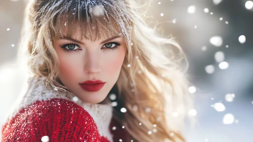 Close-up winter portrait with shallow depth of field and snow bokeh