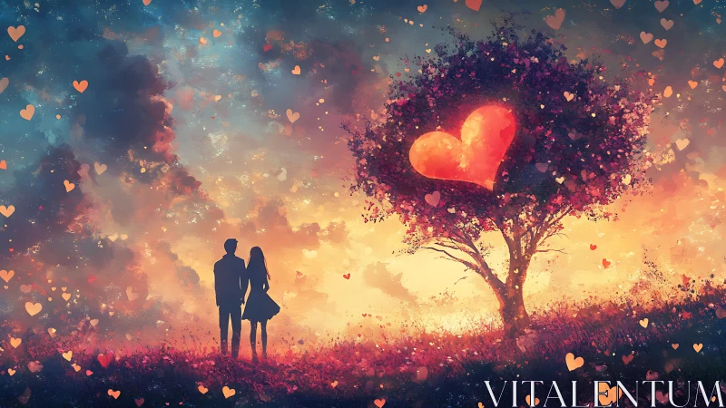 Silhouetted Couple Under Luminescent Heart Tree: Digital Romantic Composition.