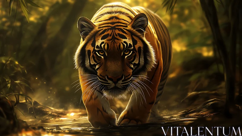 Tiger stalks sunlit jungle path with intense forward gaze