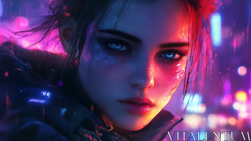Cyberpunk portrait of young woman in neon cityscape.