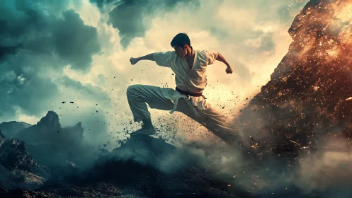 Martial artist performing dynamic kick in rocky terrain.