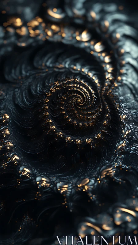 Metallic fractal spiral glows through dark sculpted waves.
