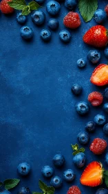 Fresh summer berries frame deep blue textured background