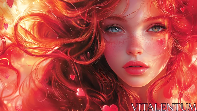 Luminous Passion Ignites: Red-Haired Dreamer Engulfed in Radiant Hearts