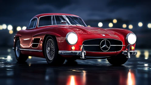 Night-lit red classic coupe rendered in glossy detail.