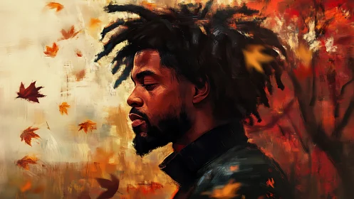 Autumnal portrait in warm impasto brushwork and drifting leaves.