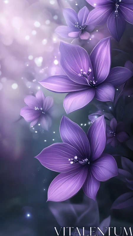 Purple Luminescent Floral Composition with Bokeh Particle Effects.