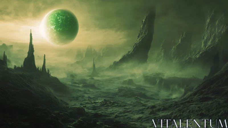 Emerald moonrise above toxic spires on alien dusk frontier.