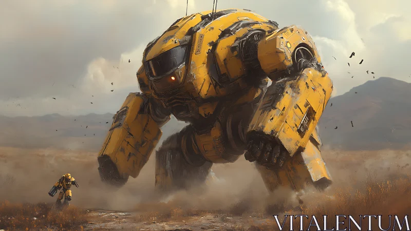 Colossal yellow mech in arid battlefield, dynamic concept art.