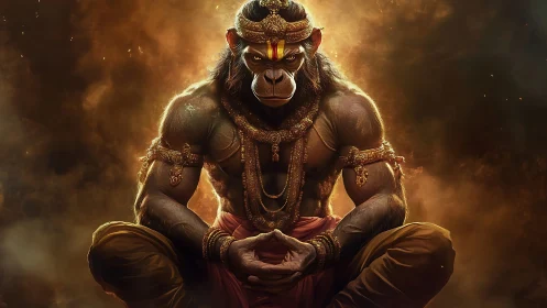 Divine warrior monkey god sits in blazing golden aura.