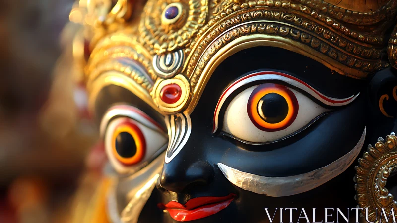 Ornate black deity sculpture with jeweled golden headdress.