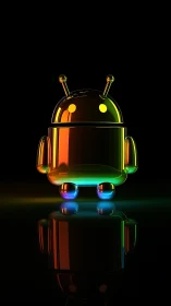 Chrome android mascot glows with neon gradient reflections.