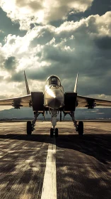 Jet fighter waits on runway beneath dramatic storm clouds.