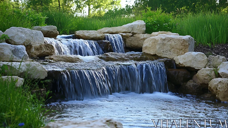 Stone-kissed garden waterfall murmuring through summer light.