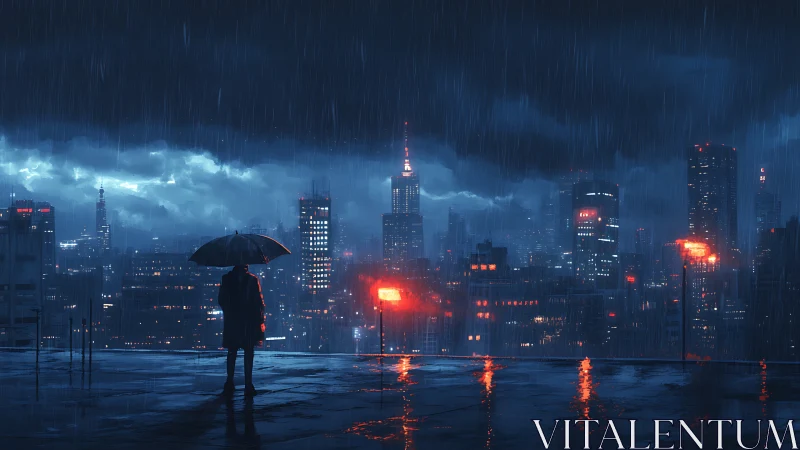 Solitary umbrella figure on rainy rooftop above neon skyline.