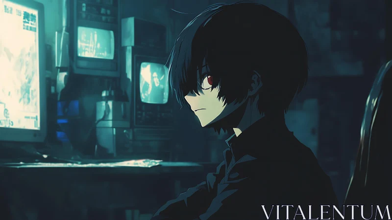 Brooding anime boy in dark tech-filled control room scene.