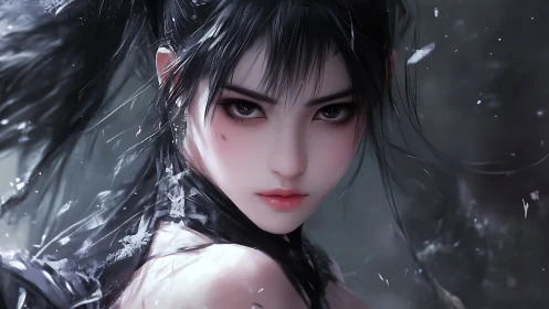 Storm-lit warrior girl meets the viewer with steady resolve