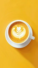 Top view latte art in white cup on solid yellow background.