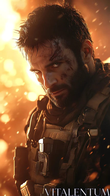 Battle-scarred soldier smolders against a burning sky.