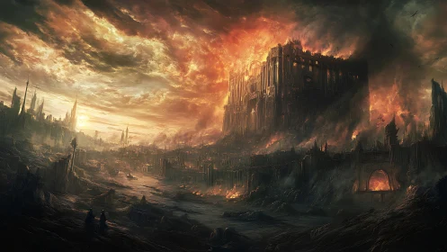 Burning fortress dominates ruined city under fiery storm