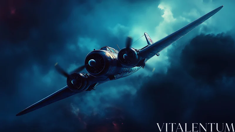 Stormchaser bomber knifes through neon thunderclouds at dusk.