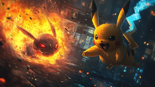 Electric hero clashes with blazing shadow in neon storm.