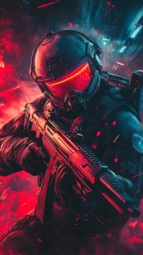 Neon armored soldier strides through glowing sci fi battlefield