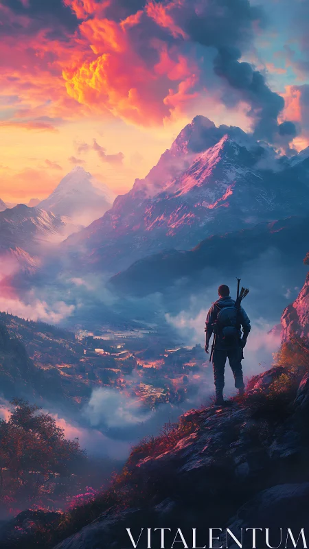 Solitary hiker overlooks vast, vividly lit mountain valley