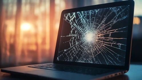 Shattered laptop screen catching sunset like fractured glass art.