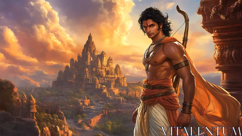 Warrior prince stands before vast golden temple city at dusk.
