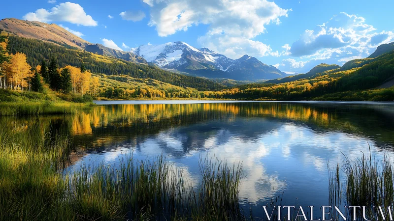 Snowcapped mountains reflect in a calm alpine lake at sunset