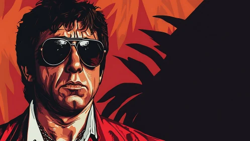 Sunglassed rebel in molten red shadows of urban heat.