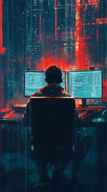 Cybernetic coder at dual monitors amid neon data cascade.
