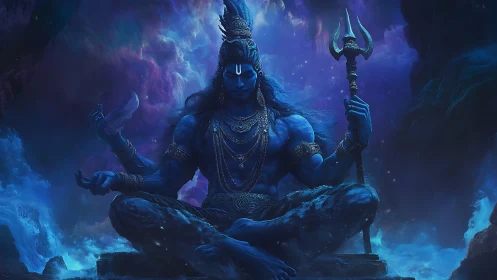 Divine blue deity in cosmic meditation with trident staff.