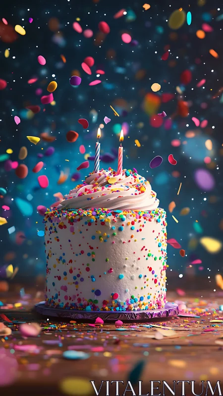 Birthday Cake with Lit Candles and Confetti Display
