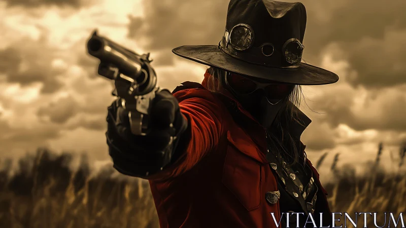 Masked gunslinger confronts viewer under stormy sepia sky