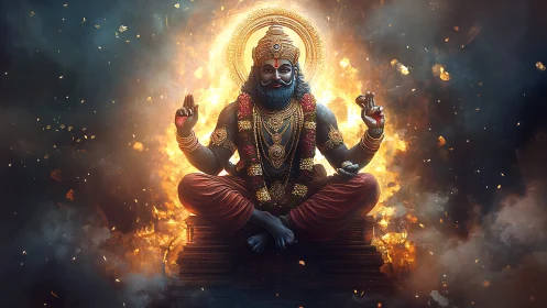 Seated deity figure with ornate gold halo and fiery backdrop.