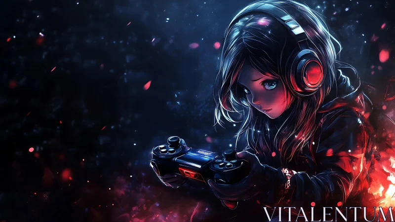 Girl with headphones concentrates on glowing game controller