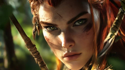 Fierce forest archer with bright eyes and ember-red hair.
