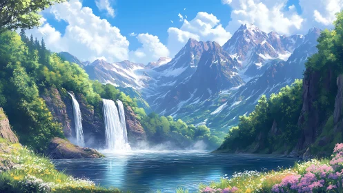 Mountain lake with twin waterfalls and bright summer sky.