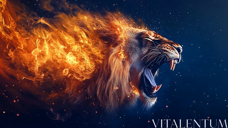Blazing lion roar streaking through a starry night sky.