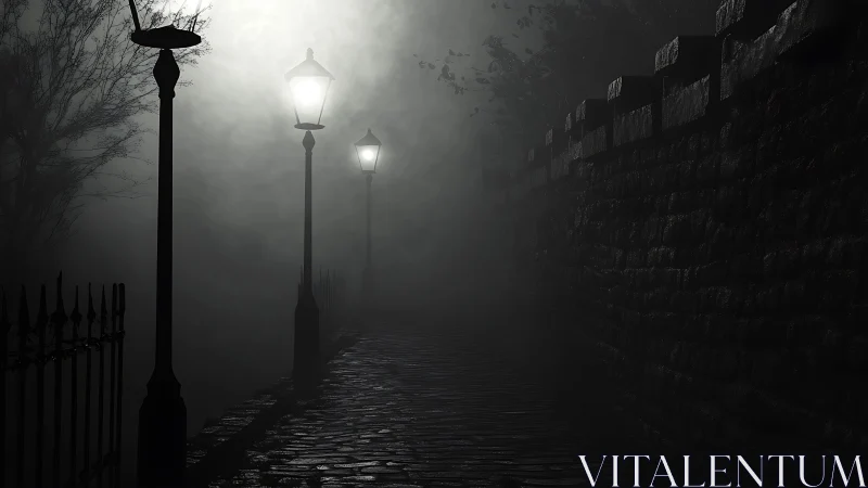Gentle lamplight guides a lonely cobblestone path in foggy night