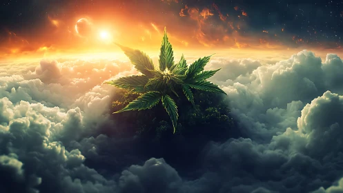 Luminous cannabis leaf floats above stormlit astral clouds.