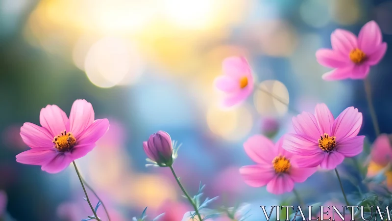 Pink Cosmos Flowers in Soft Sunlight Garden