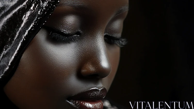 Elegant close-up portrait of woman with dark skin and shiny fabric.