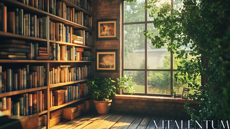Sunlit brick library interior with lush window greenery.
